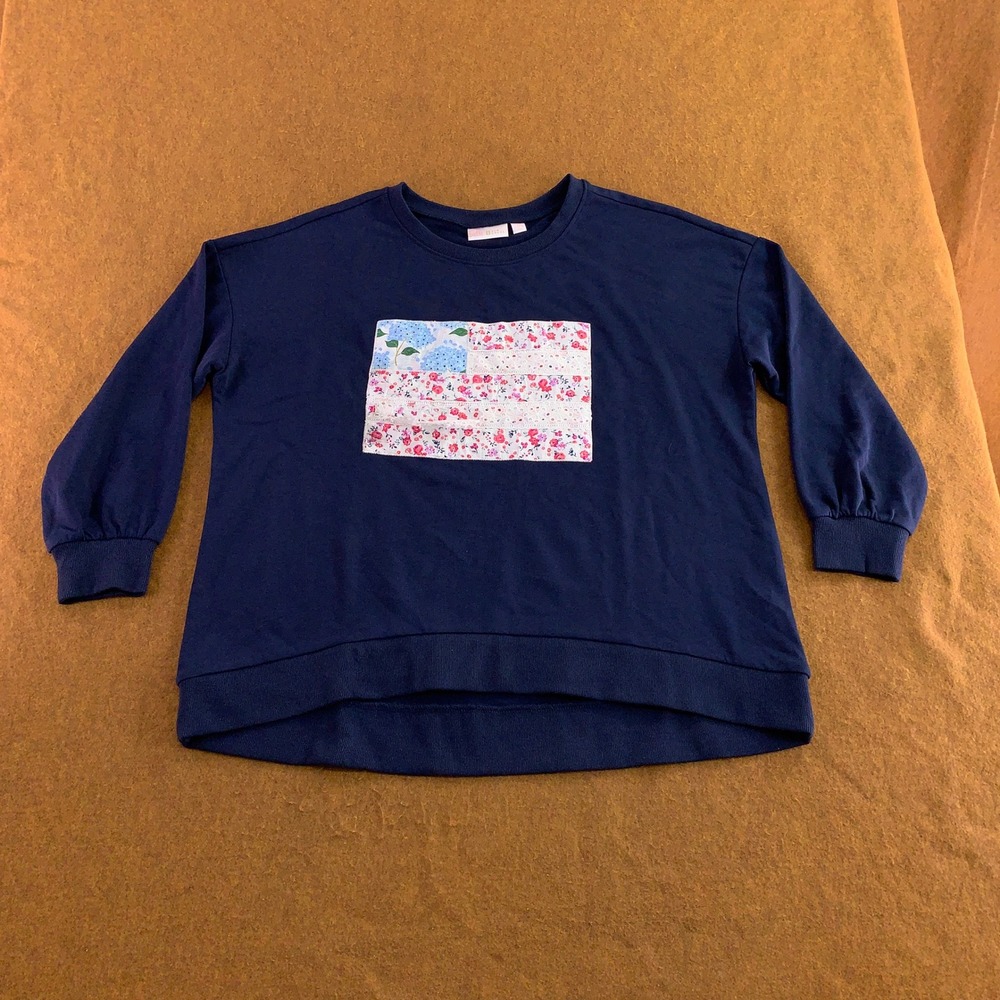 Belle Kim Gravel Womens 1X Navy Floral Patchwork Flag Sweatshirt New